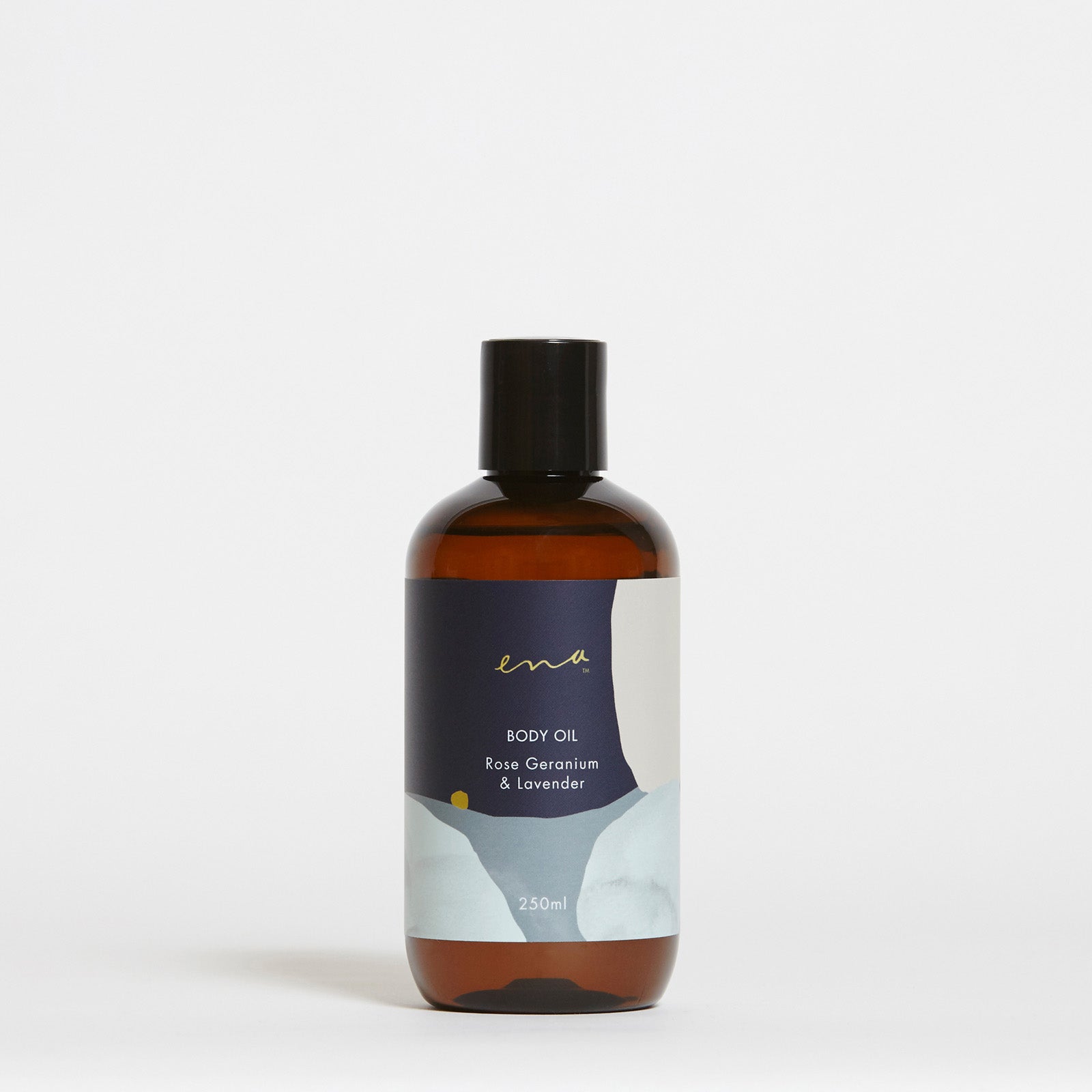 bottle of body oil by ena producst in Rose Geranium & Lavender in 250ml